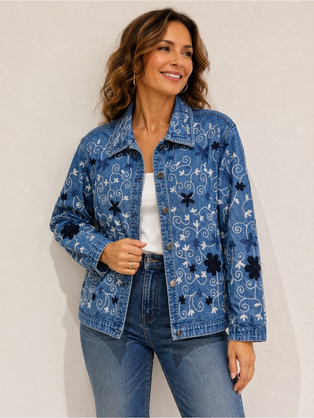 new directions Blue Denim Jacket Floral Embroidery Accents S